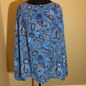J.Jill Wearever Collection Light Blue Dark Blue Gold Floral Long Sleeve Blouse